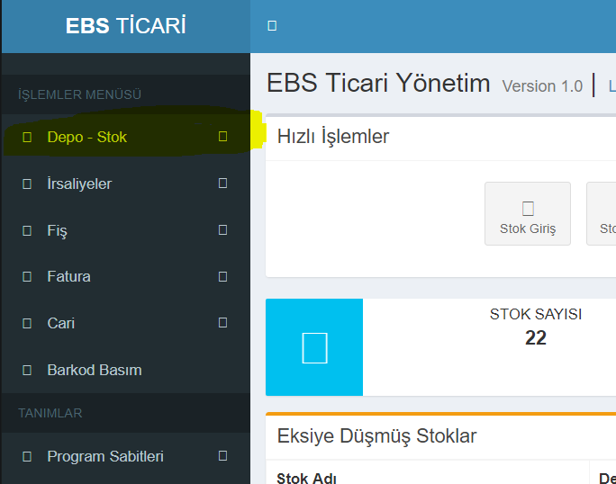 web tabanlı stok takip programı ürün tanımlama menu